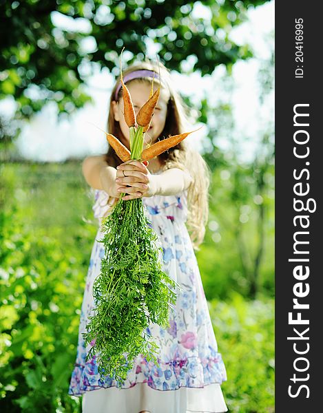 An image of a nice girl with orange carrots. An image of a nice girl with orange carrots