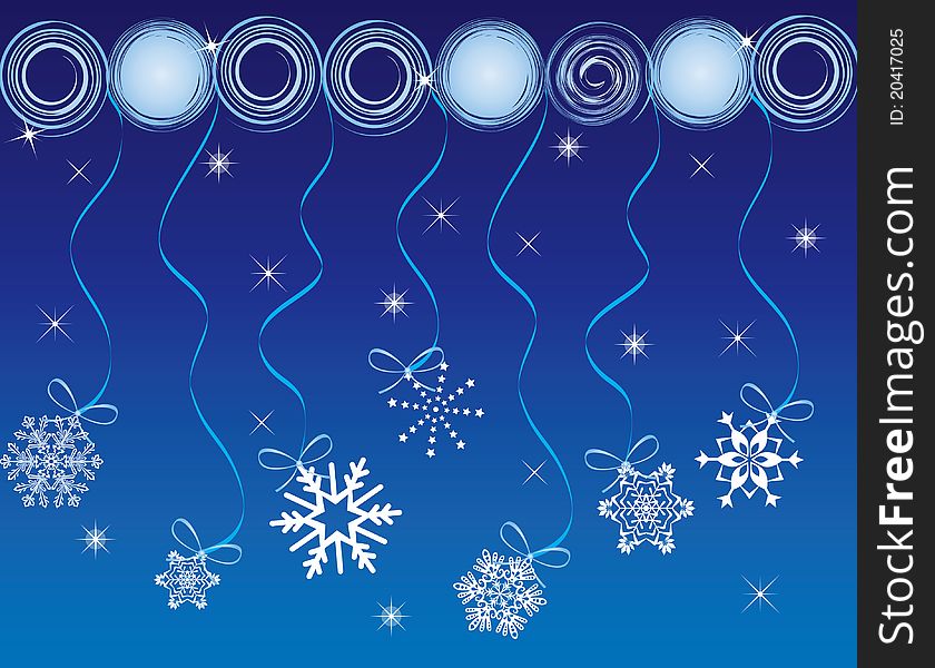 Christmas card background illustration balls ribbon snow stars gift voucher tree snow blue. Christmas card background illustration balls ribbon snow stars gift voucher tree snow blue