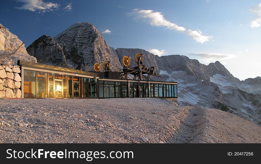 Upper station of cable way near rif Gilberti in Prevala saddle on Italian Slovenian border