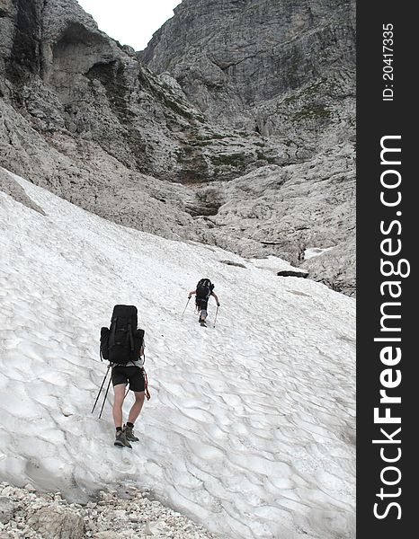 Crossin Of Snow Field In Julian Alps