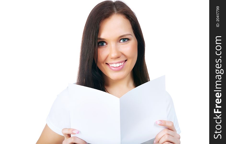 Cute young girl with a Valentine's card over white