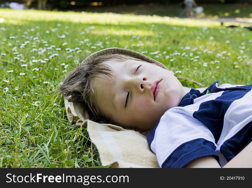 Young boy sleeping in the green grass. Young boy sleeping in the green grass.