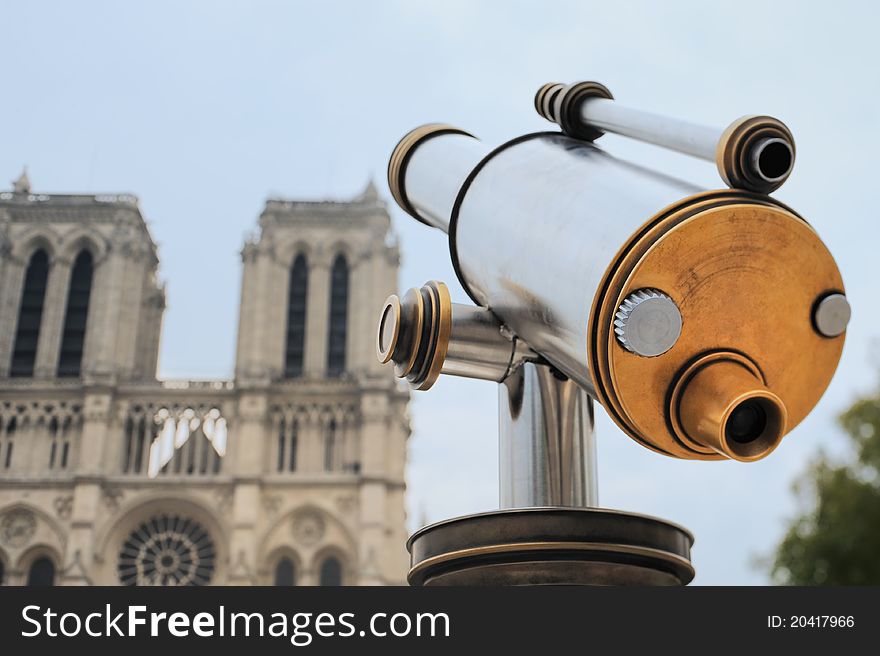 Telescope of stainless steel near Notre-Dame Cathedral in Paris