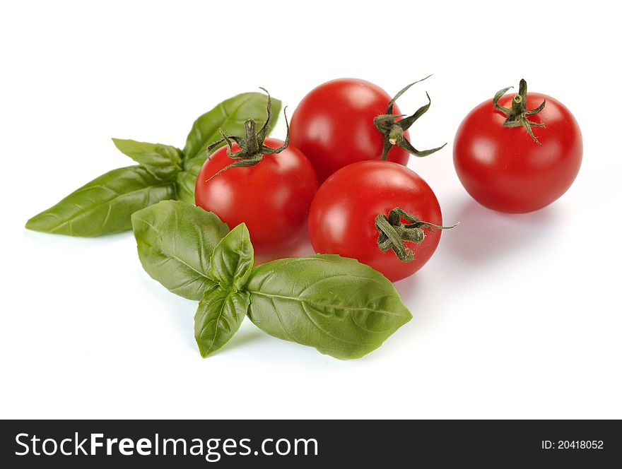 Leaves of basil and tomatoes on a white background