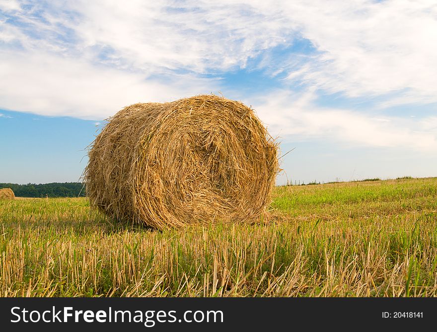 Beautiful Stubble Field With Hay Bales By Summer.