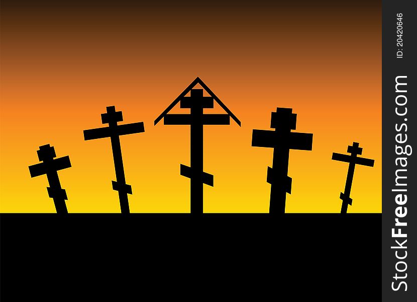 Silhouettes of black crosses on a cemetery. Night