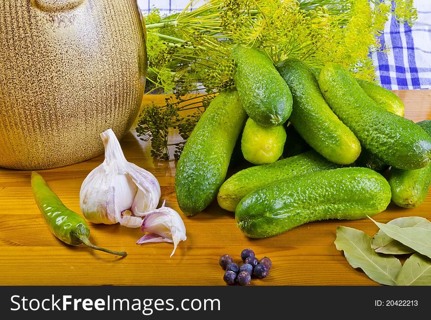 Ingredients for preparation tasty barrel of cucumbers