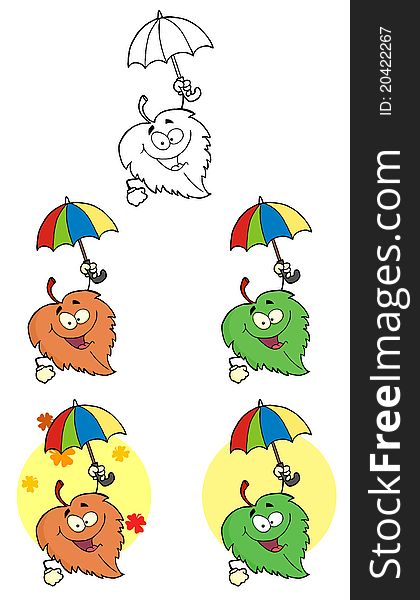 Seasonal leaves in different colors cartoon characters with umbrellas