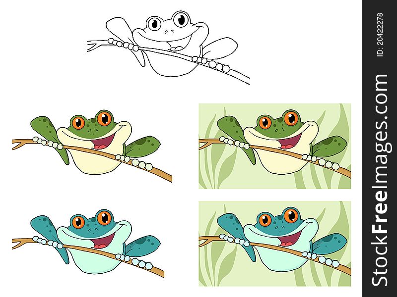 Happy green tree frogs on sticks collection
