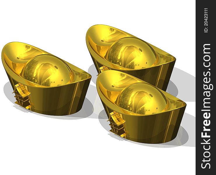 Three Chinese Gold Ingots, each with the Chinese Character for Gold.
