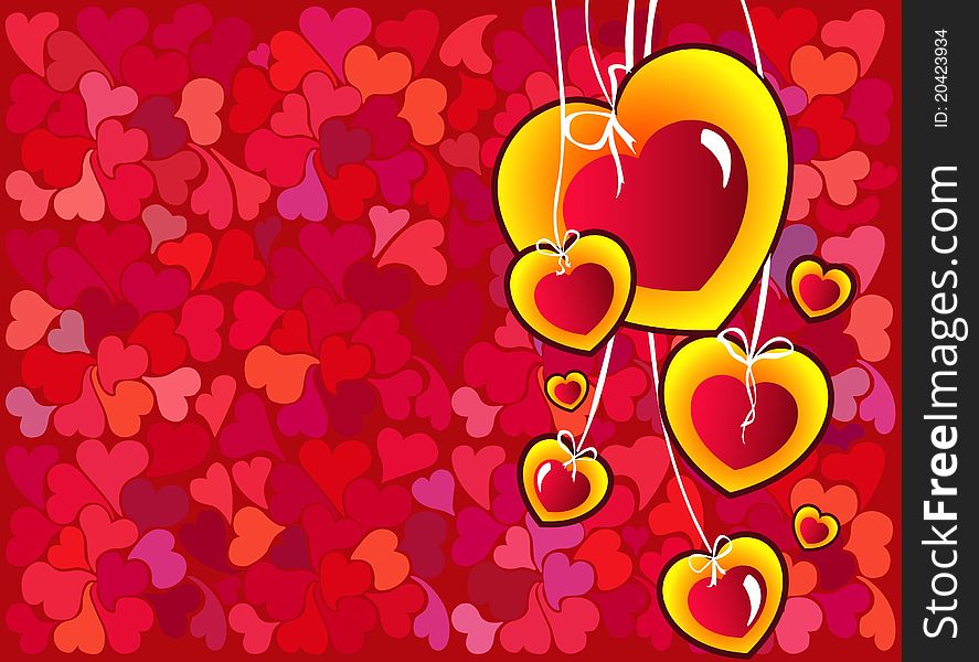 Multi-colored hearts on a red background. Multi-colored hearts on a red background