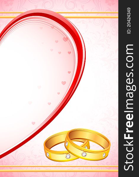 Illustration of pair of engagement ring with heart on floral background