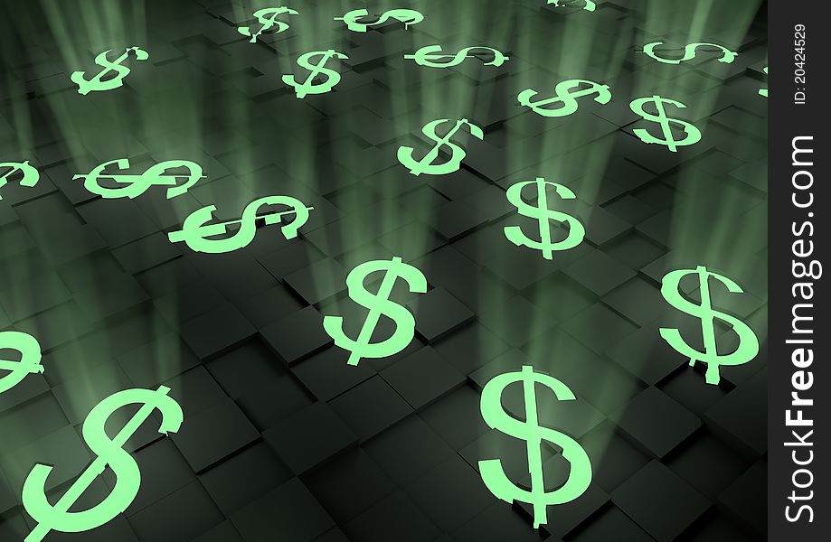Render of a group of glowing green dollar symbols. Render of a group of glowing green dollar symbols