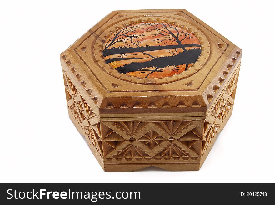 Wooden casket of handwork on a white background