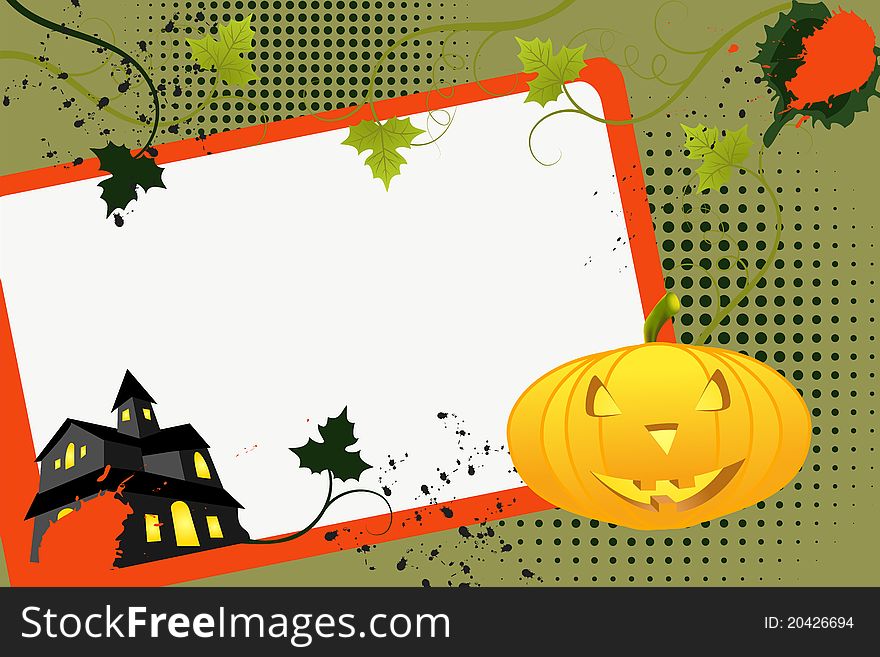 Grunge halloween background with scroll, leaf, pumkin and house, vector illustration