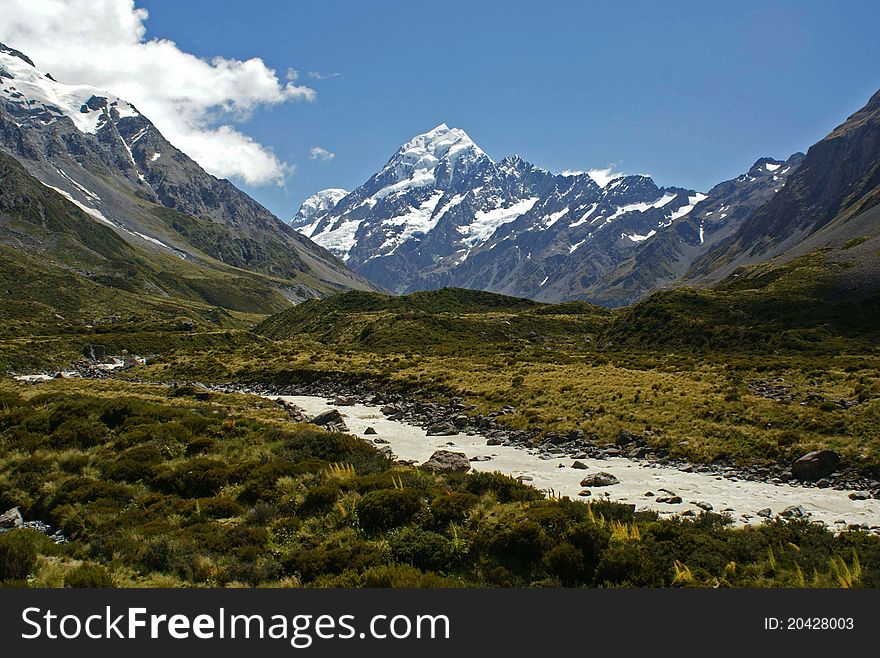Snowy mount cook, river, grass. Snowy mount cook, river, grass