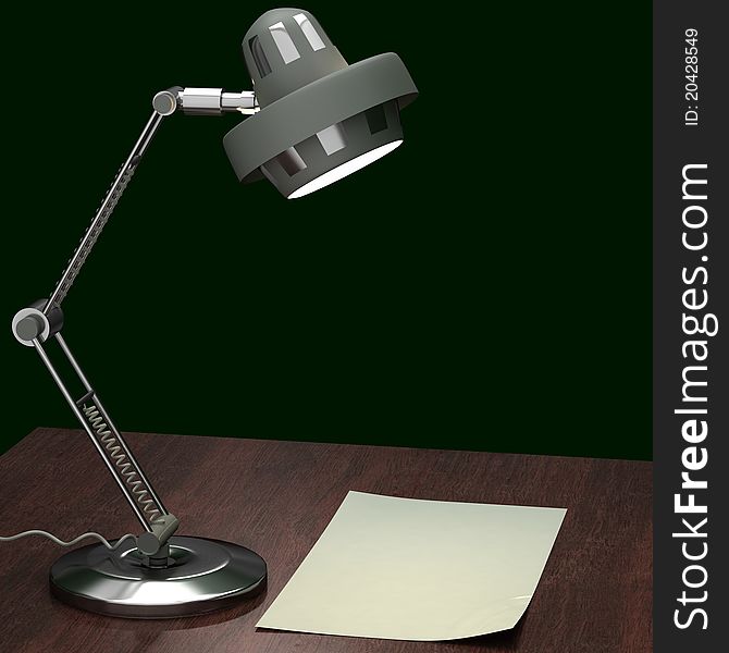 Metalic gray table lamp on the table with a sheet of paper