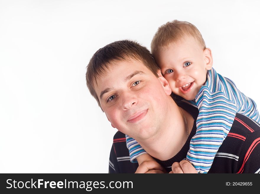Portrait of a dad and son on white