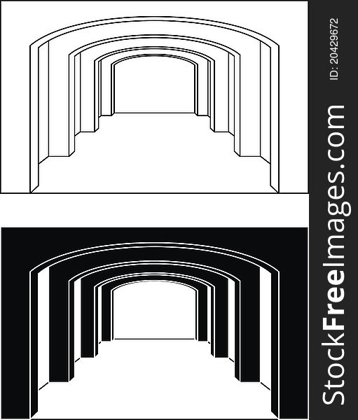 Set of architectural element - Colonnade (enfilade) with archs, ancient temple: contour, silhouette, black and white vector isolated illustration, white background