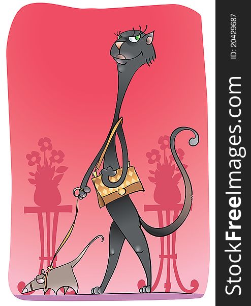 An elegant black cat with rat