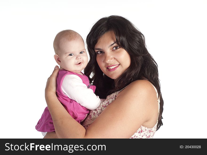 Portrait of a mom and baby on white