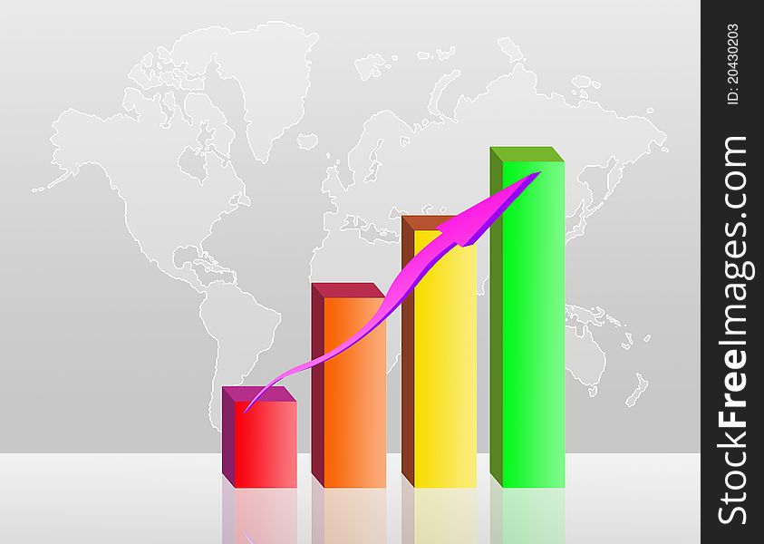 Colorful business Bar chart illustration on a world map background