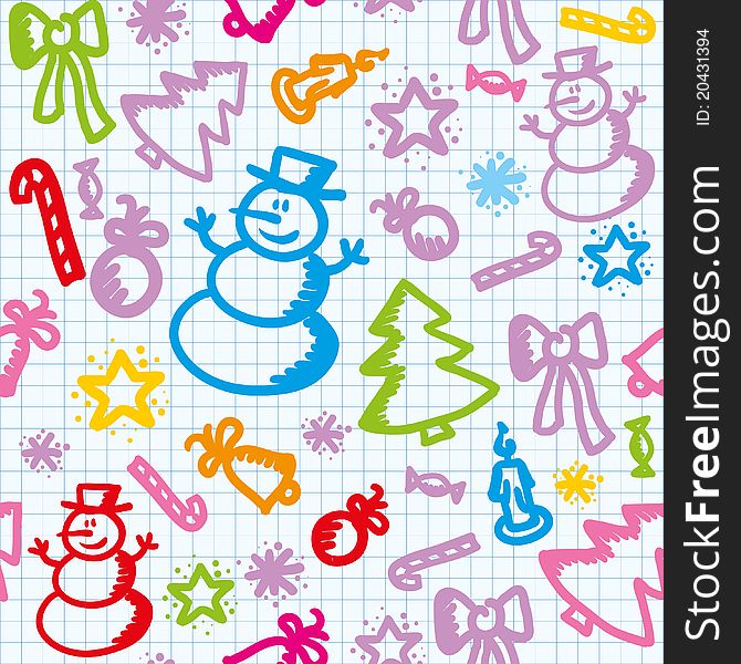 Christmas colorful seamless pattern with hand drawn elements. Christmas colorful seamless pattern with hand drawn elements