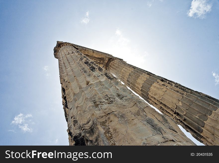 Ancient columns of Dydima, against a blue sky. Ancient columns of Dydima, against a blue sky