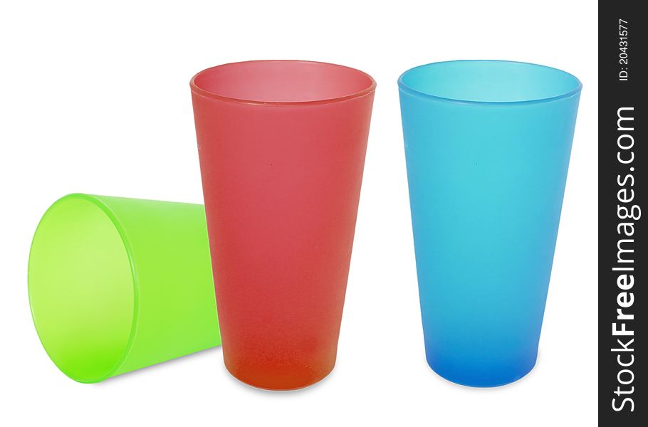 Three plastic cups on white background. Three plastic cups on white background