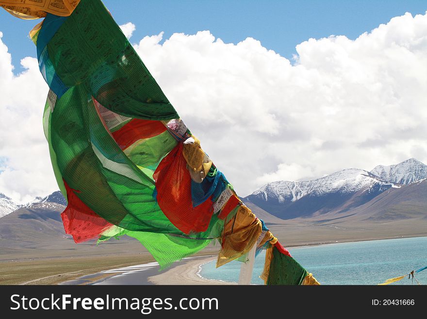 Tibetan Prayer Flags In Front Of Namtso Lake