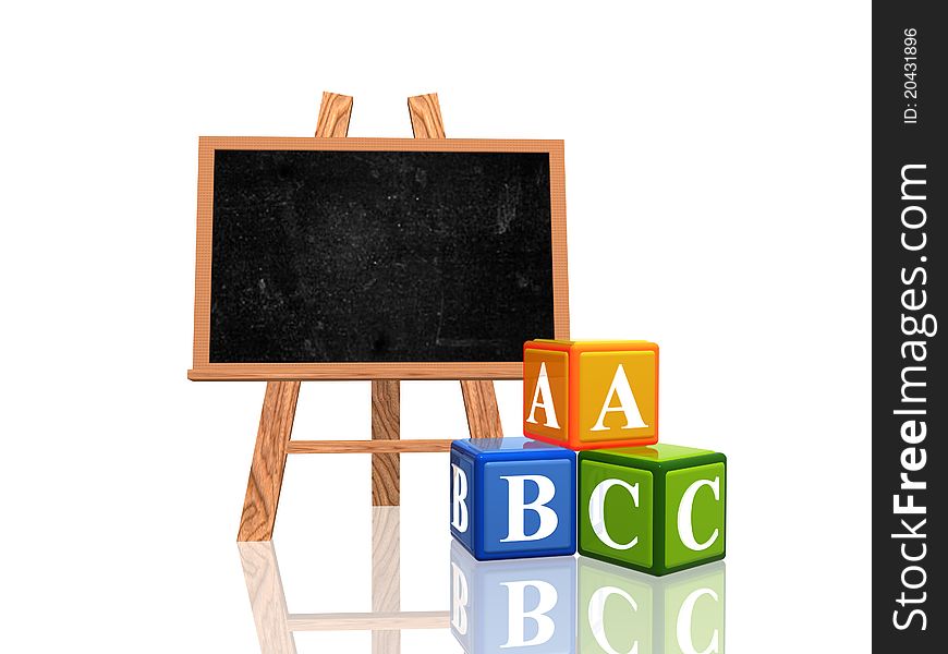 3d wooden blackboard with cubes with letters - abc. 3d wooden blackboard with cubes with letters - abc