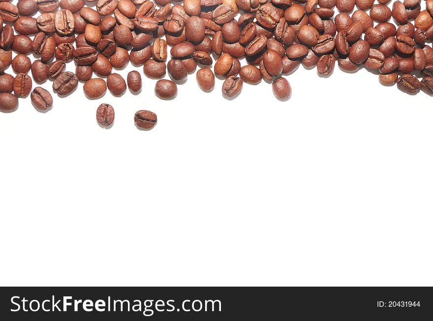 Brown coffee beans on the white background