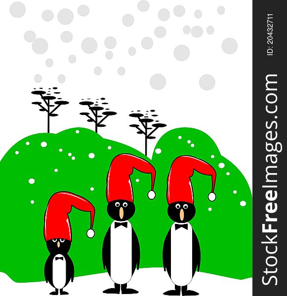 Humorous penguins lined up with hats for Christmas illustration. Humorous penguins lined up with hats for Christmas illustration