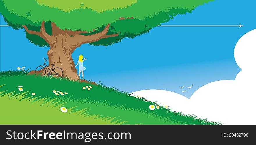 Woman under a tree on blue sky background. Woman under a tree on blue sky background