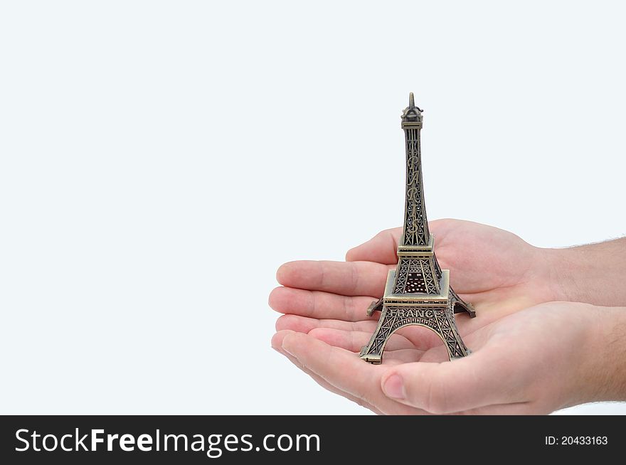 Layout Eiffel Tower on your hands man, isolated. Layout Eiffel Tower on your hands man, isolated