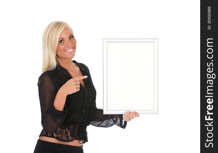 Beautiful woman holding a white sign. Beautiful woman holding a white sign