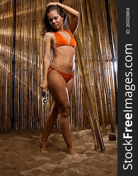 Beautiful girl with a red flower in long hair in an orange bikini on the sunny beach. She is isolated on a bamboo background. Beautiful girl with a red flower in long hair in an orange bikini on the sunny beach. She is isolated on a bamboo background