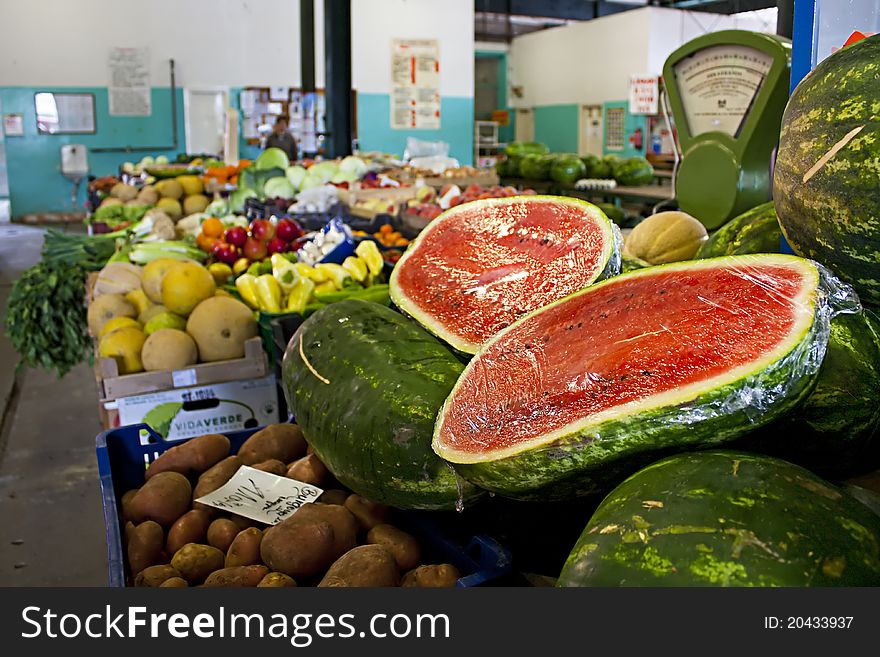 Fresh fruit and vegetables for sale in a Hungarian market hall