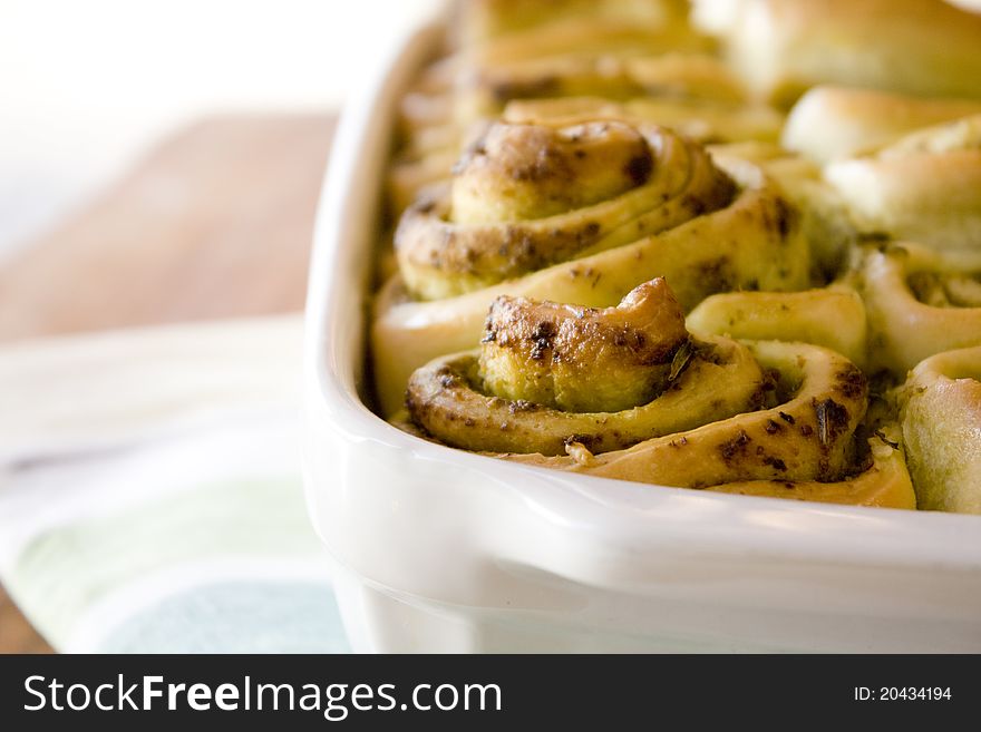 Bread yeast rolls filled with pesto sauce