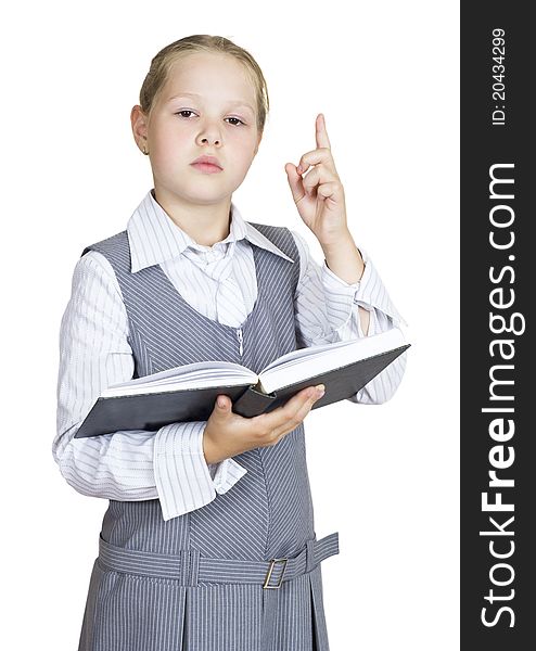 Schoolgirl with a book on white background