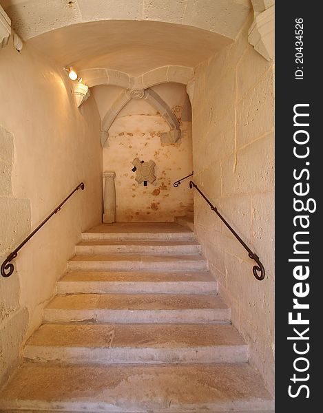 Interior limestone stairs of clermont castel in french alps