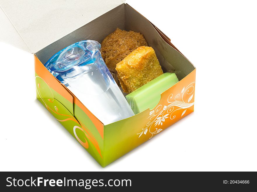 Snacks in box (isolated on white). Snacks in box (isolated on white).