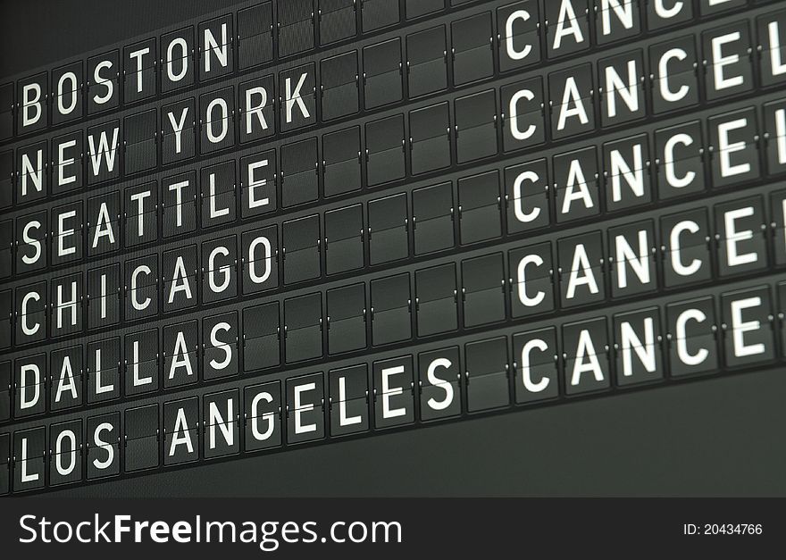 Close view of an airport electronical informational display. Close view of an airport electronical informational display