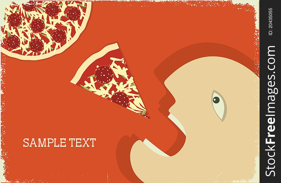 Vector hungry man and pizza. Vector grunge poster. Vector hungry man and pizza. Vector grunge poster