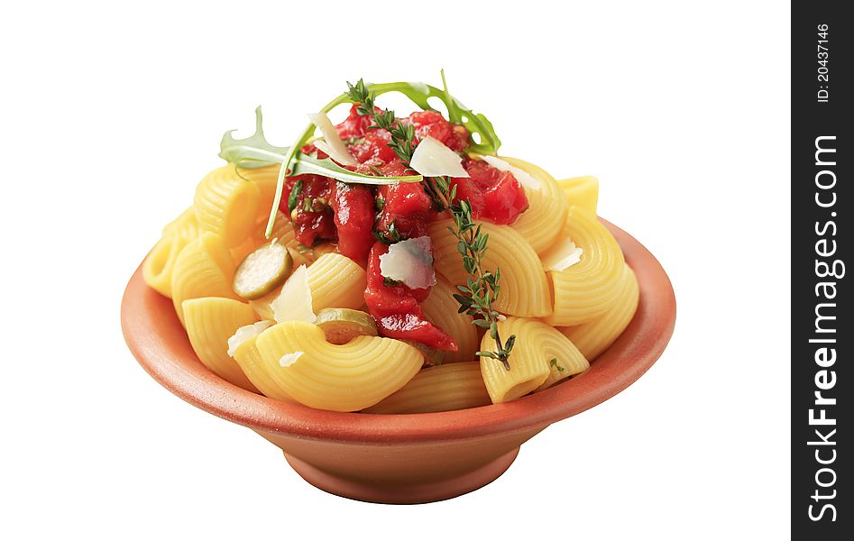 Macaroni with crushed tomatoes, capers and Parmesan. Macaroni with crushed tomatoes, capers and Parmesan