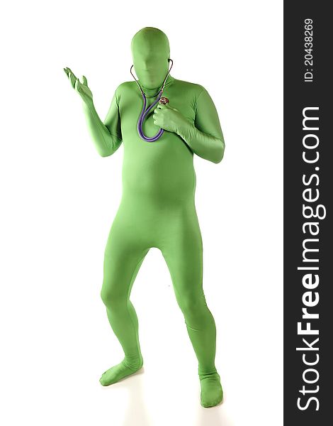 A green morph attempting to listen to his own heart with a stethoscope. Isolated on white. A green morph attempting to listen to his own heart with a stethoscope. Isolated on white.