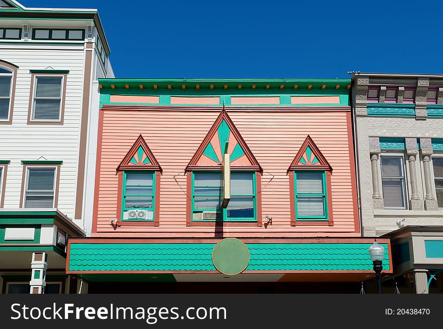 Colorful merchant's row in Mackinac Island Michigan