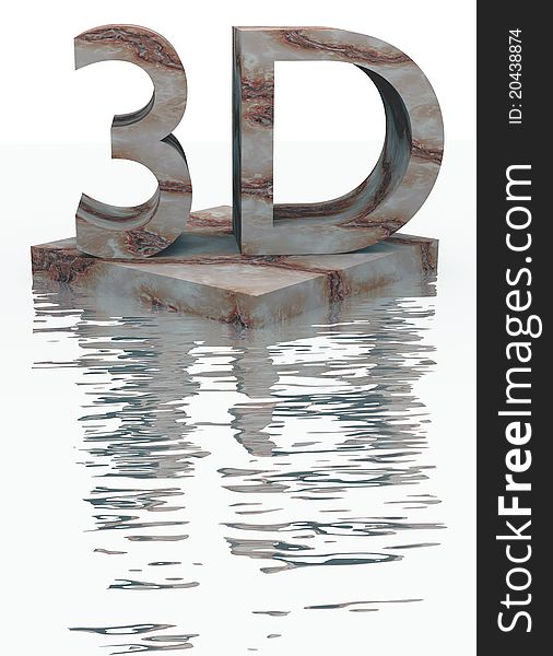 The marble 3D-sign is reflected over water