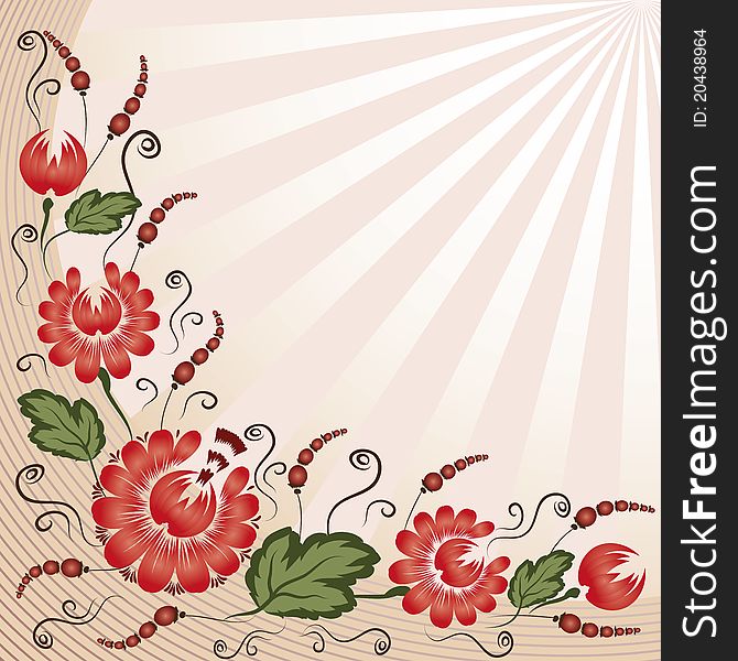 Red flowers on a beige background - in the style of hand-painted. Floral design. Basic elements are grouped.