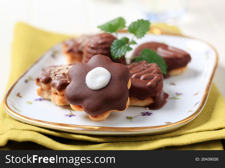 Variety of cookies with chocolate icing. Variety of cookies with chocolate icing